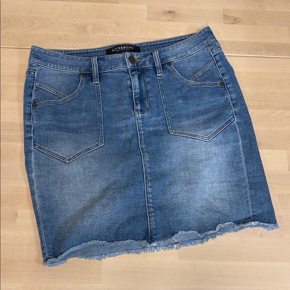 Liverpool Blue Denim Mini Skirt with Frayed Hem